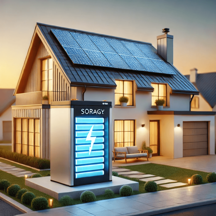 Modern home with solar panels on the roof and a sleek battery storage unit glowing on the exterior wall, symbolizing stored solar energy and energy independence.