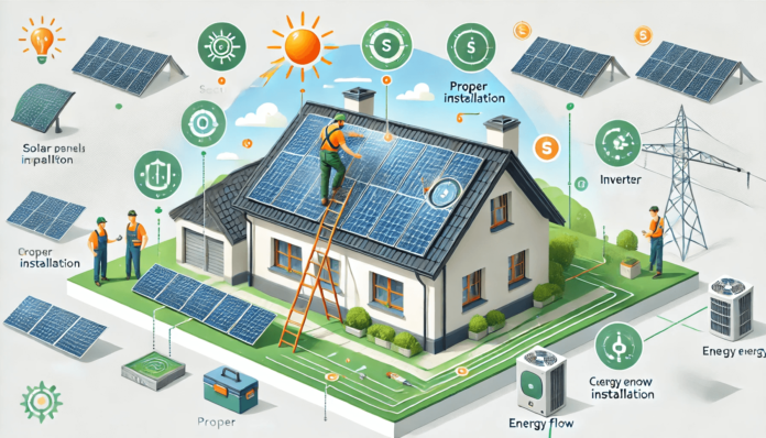 Illustration of a modern home with solar panels, a professional installer, and financial symbols like a calculator, dollar signs, and cost charts highlighting pricing factors.