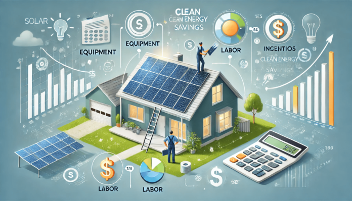 Illustration of a professional technician installing solar panels on a residential rooftop, with arrows showing key installation steps and energy flow to the household system.