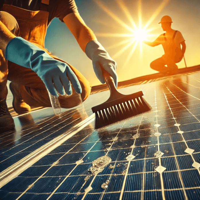 Worker cleaning solar panels on a rooftop with a soft brush and water under bright sunlight, ensuring maximum efficiency and long-term energy performance.