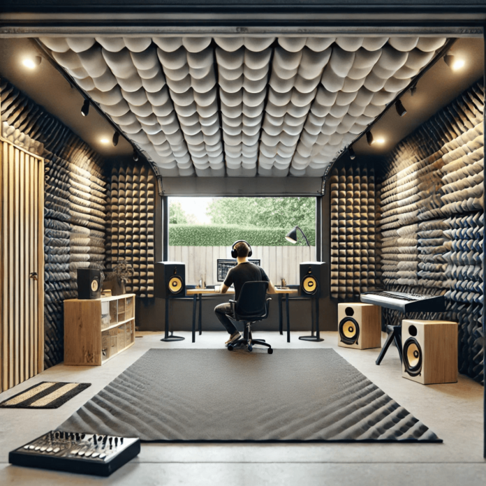 A fully soundproof garage with acoustic panels and insulated walls, designed for quiet DIY projects and music sessions.