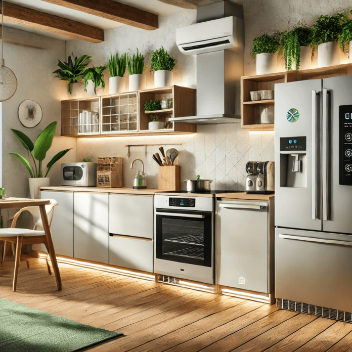 A modern eco-friendly kitchen featuring an ENERGY STAR-certified refrigerator, induction cooktop, smart oven, and energy-saving dishwasher, with sustainable materials and LED lighting.