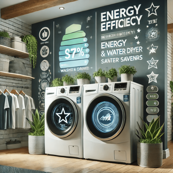 A modern, eco-friendly laundry room featuring high-efficiency, front-loading washer and dryer combos with ENERGY STAR certification, a sustainable design with natural lighting and indoor plants.