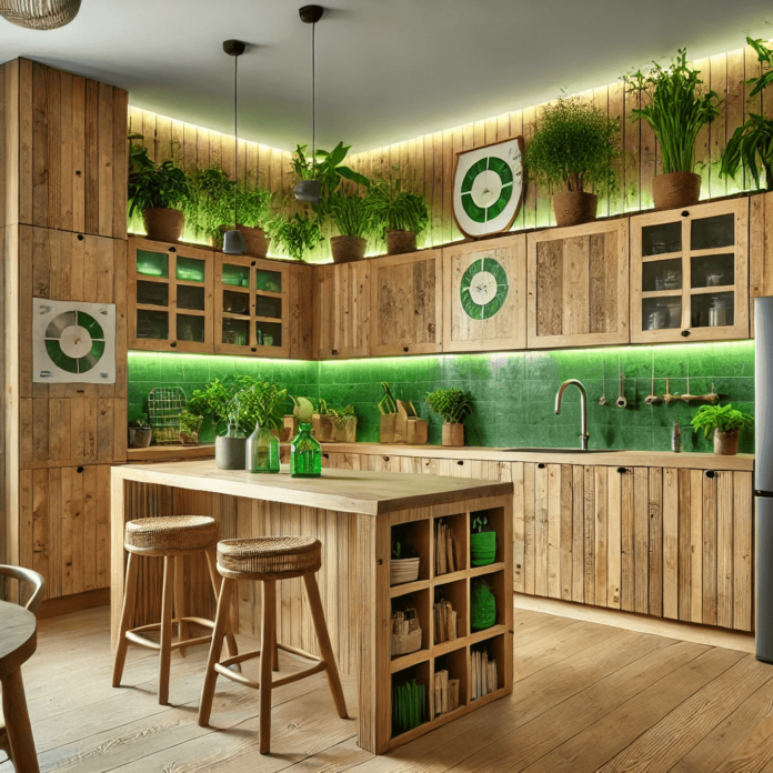 Eco-friendly kitchen featuring sustainable cabinetry made from reclaimed wood and bamboo with green accents and energy-efficient lighting.