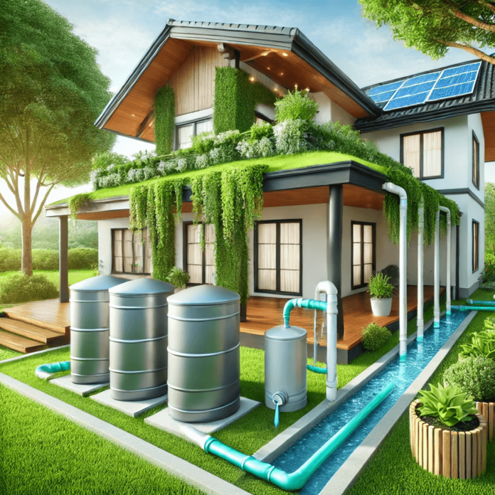 A sustainable home featuring a rainwater harvesting system with rooftop gutters directing water into storage tanks, surrounded by a lush garden using harvested rainwater.