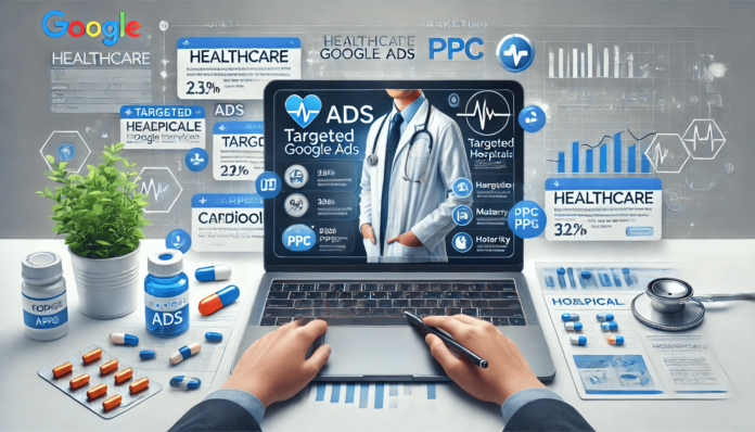 Healthcare-themed digital marketing setup showing targeted Google Ads for hospitals and healthcare services, including cardiology and maternity care campaigns.