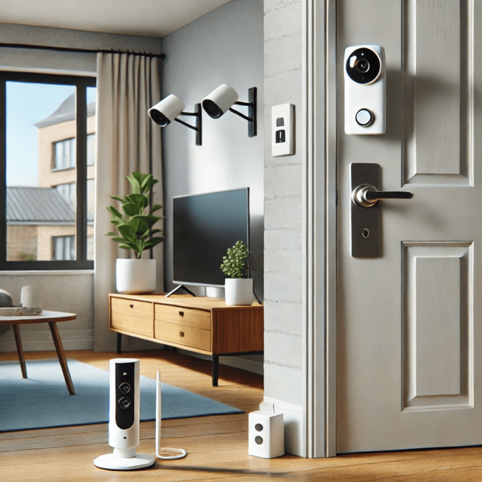 A rental apartment featuring temporary home security solutions, including a smart door lock, a wireless security camera mounted without drilling, and window alarms for renter-friendly safety.