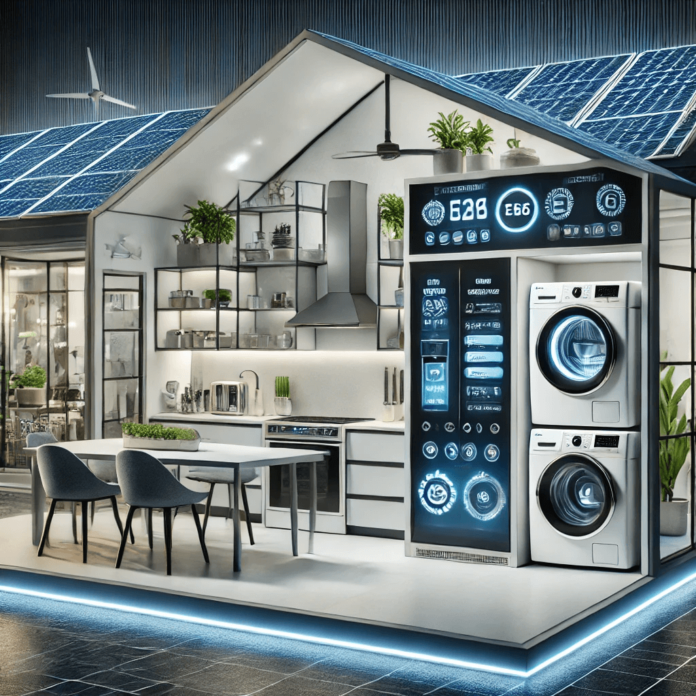 A futuristic home featuring the latest energy-efficient appliances, including a smart refrigerator, with solar panels and smart automation.