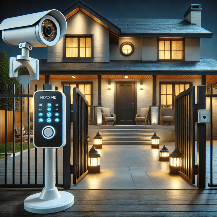 A well-secured home with vacation security measures, and motion-sensor lights. The house appears vacant but is well-protected with a locked gate and a well-lit entrance