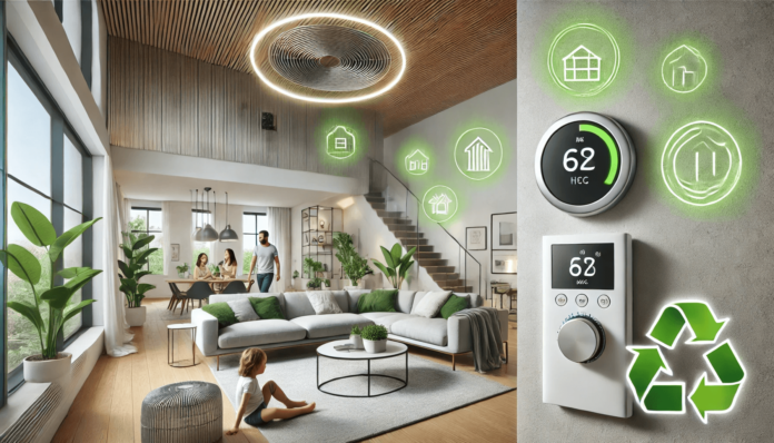 Illustration of a modern residential interior showcasing a variable speed HVAC system with a sleek thermostat, smooth airflow from vents, and a comfortable living space.