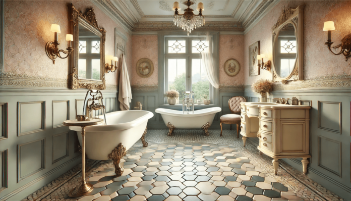 Beautiful vintage bathroom remodel featuring a clawfoot bathtub, pedestal sink with chrome fixtures, hexagon mosaic tiles, ornate vanity, and a vintage chandelier.