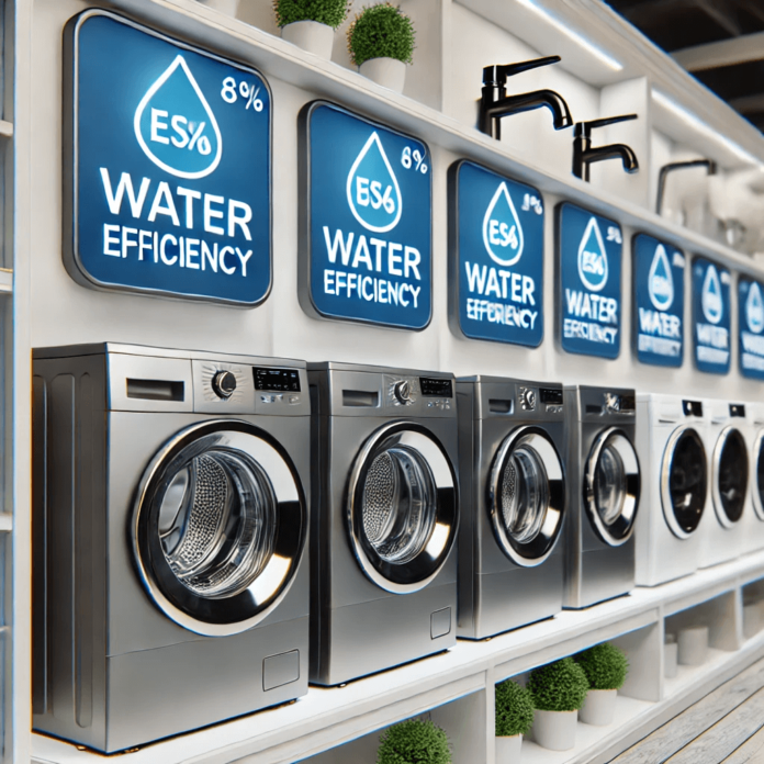 A modern appliance store displaying water-efficient products, including washing machines, dishwashers, and faucets, each labeled with water rating labels to help consumers make informed choices.