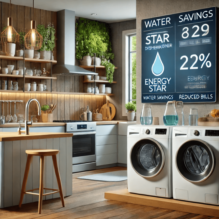 A modern home kitchen and laundry room featuring water-efficient appliances, including an ENERGY STAR-certified dishwasher, and a smart water-saving faucet with a digital display showing water savings.