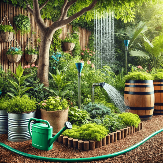 A lush, eco-friendly garden using water-efficient gardening techniques, including drip irrigation, rainwater collection barrels, drought-resistant plants, and mulch-covered soil to conserve water.