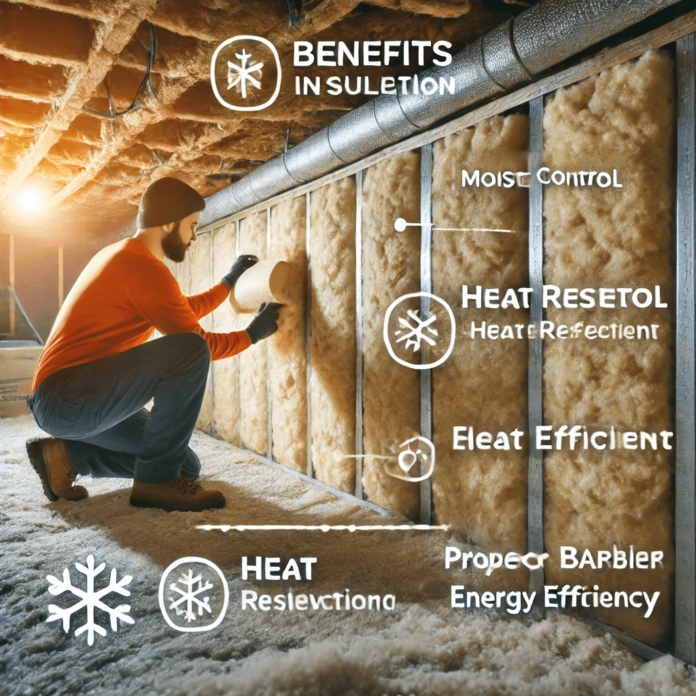 A well-insulated crawl space in winter with foam board insulation on walls, vapor barriers on the ground, and a homeowner inspecting for proper sealing and efficiency.