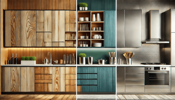 Side-by-side comparison of kitchen cabinet materials featuring natural wood cabinets, sleek laminate finishes, and brushed stainless-steel metal cabinets for modern and functional designs.