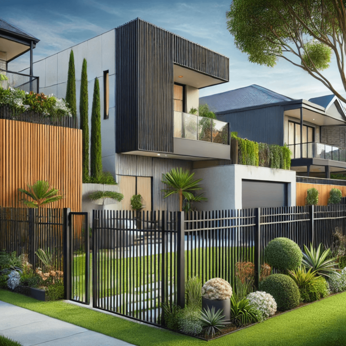 A modern home featuring a black metal security fence, a tall wooden privacy fence, and a sleek vinyl fence, surrounded by lush landscaping and a well-maintained lawn.