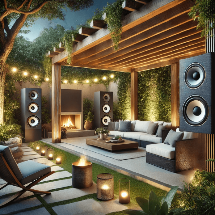 A beautiful outdoor audio setup featuring high-quality outdoor speakers mounted on a pergola and hidden among lush greenery, with cozy lounge seating, string lights, and a stylish fire pit.