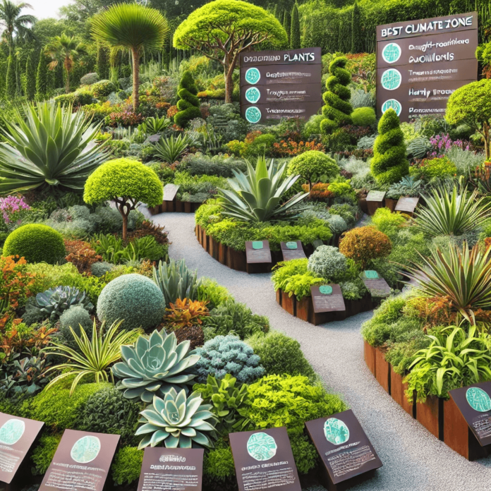 A beautifully designed garden displaying the best plants for different climate zones, featuring succulents, tropical greenery, evergreens, and flowering perennials.