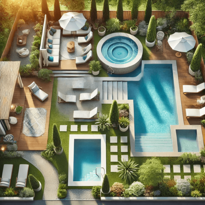 A backyard displaying different pool sizes and shapes, including a small plunge pool, a kidney-shaped pool, and a large rectangular pool, lounge chairs, and a stylish patio