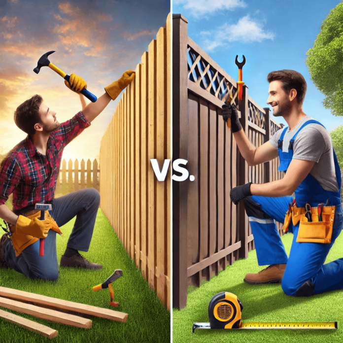 Side-by-side comparison of a homeowner struggling with DIY fence installation and a professional contractor using precision tools in a sunny backyard.