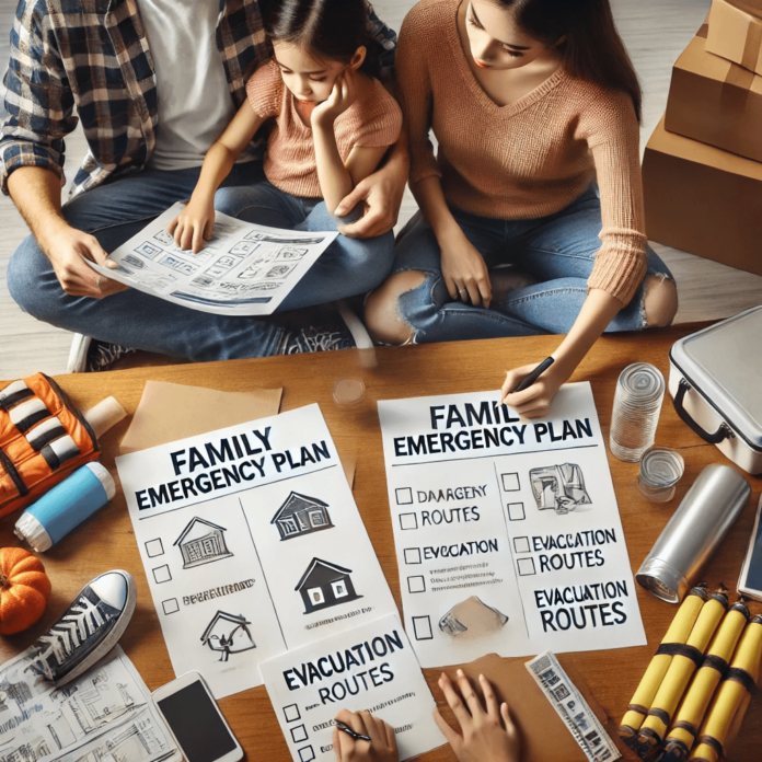 A well-prepared family practicing an emergency drill at home with a disaster supply kit, emergency contacts list, and an evacuation plan displayed on the table.