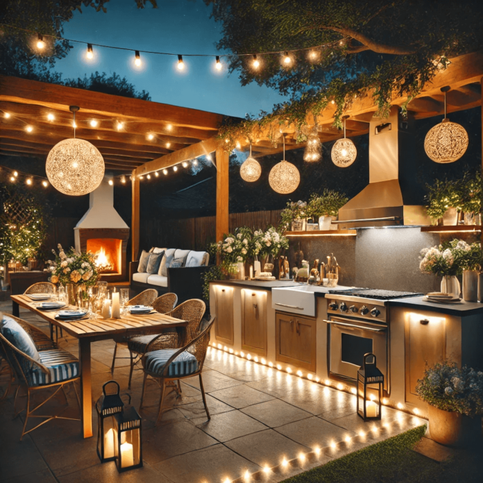 A beautifully lit outdoor kitchen at night featuring soft LED lights under the countertops, creating a warm and inviting ambiance.