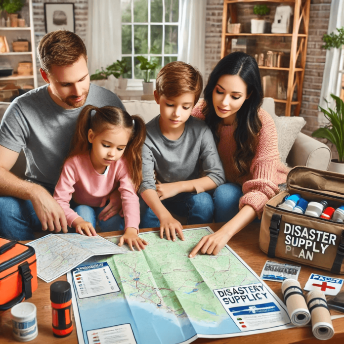 A family gathered in their living room, reviewing an emergency preparedness plan with maps, emergency contacts, and a disaster supply kit, emphasizing disaster planning and family safety.