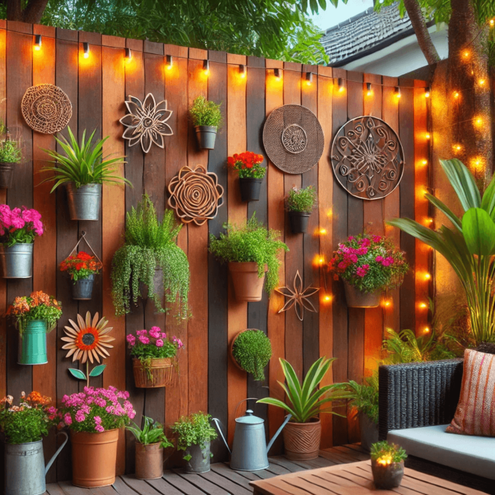 A backyard fence decorated with vibrant flower pots, fairy lights, and artistic metal wall hangings, creating a stylish and inviting outdoor space.