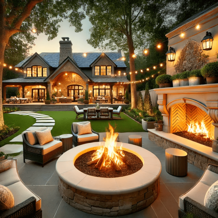 A beautifully designed backyard featuring both a circular fire pit with lounge chairs for social gatherings and a grand stone fireplace with a cozy seating area, surrounded by string lights and lush greenery.