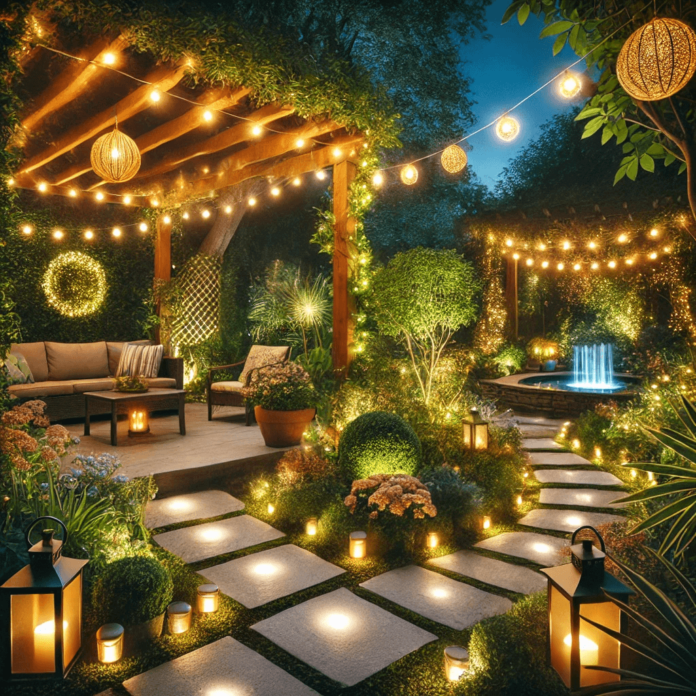 A beautifully illuminated nighttime garden featuring LED pathway lights, uplighting on trees, string lights over a cozy patio, and a softly lit pond for ambiance.