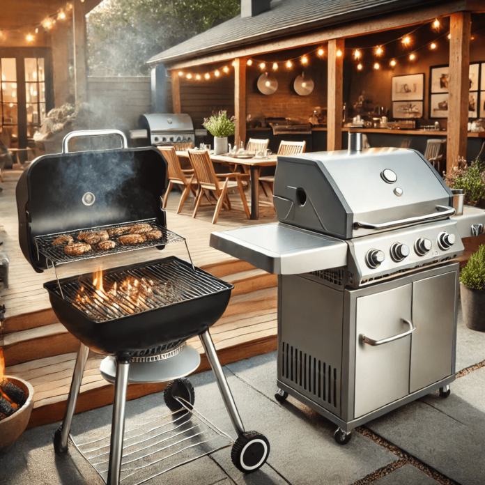 A backyard BBQ setup featuring a stainless steel gas grill with precise temperature control on one side and a charcoal grill with glowing coals and smoke rising on the other, set on a wooden patio with string lights.