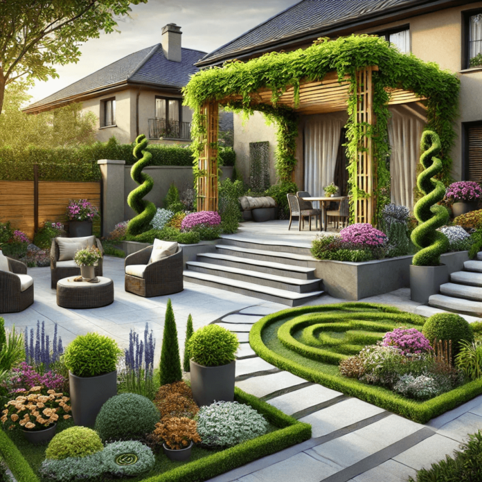 A beautifully designed garden balancing hardscape and softscape, featuring a paved patio, curved stone walkway, raised flower beds, and a pergola with climbing vines.