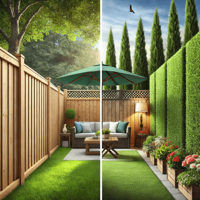 A backyard comparison of a lush green hedge fence and a sturdy wooden privacy fence, showcasing the aesthetic and functional differences between plant-based and wooden fencing.