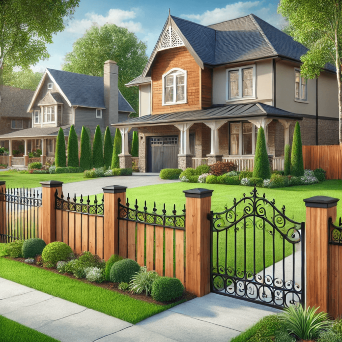 A stylish suburban home with a well-designed wooden and wrought iron fence, showcasing how fencing enhances curb appeal and property value.