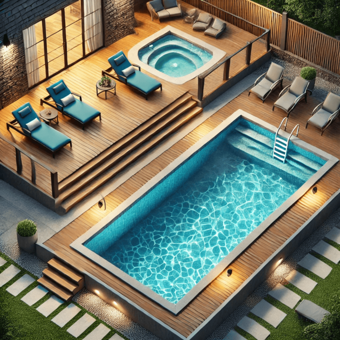 A backyard featuring both an inground pool with a modern stone patio and an above-ground pool with a wooden deck and ladder, showcasing the differences in design and installation.