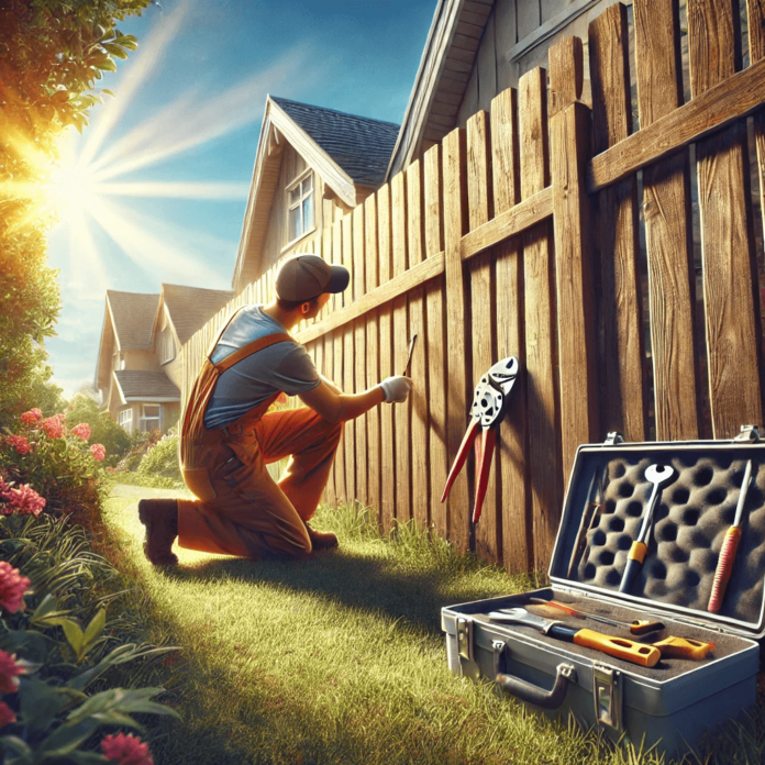 Homeowner inspecting a wooden fence for cracks and loose boards, with a toolbox nearby in a well-maintained backyard.