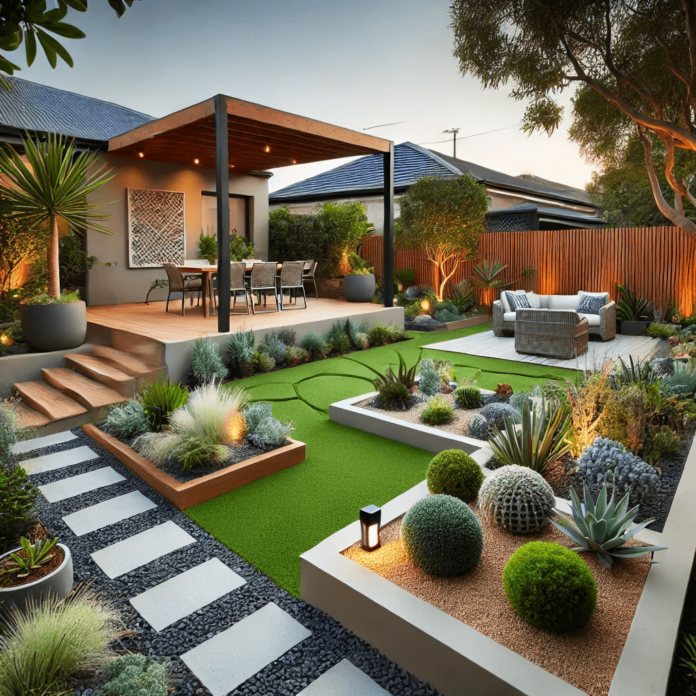 A modern low-maintenance garden with drought-resistant plants, artificial turf, decorative stone pathways, raised garden beds, and a shaded seating area.