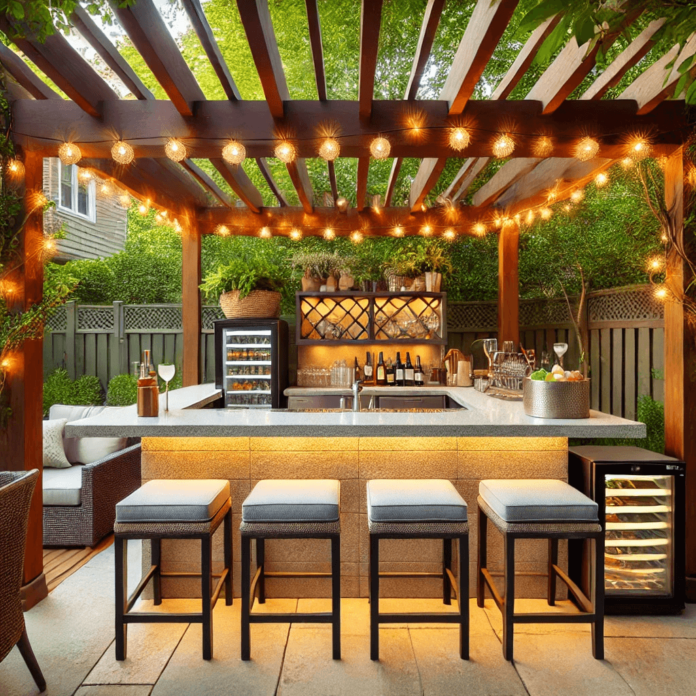 A stylish outdoor kitchen bar featuring a stone countertop, built-in bar seating, a fully stocked cocktail station, string lights, and a pergola, creating the perfect backyard entertaining space.