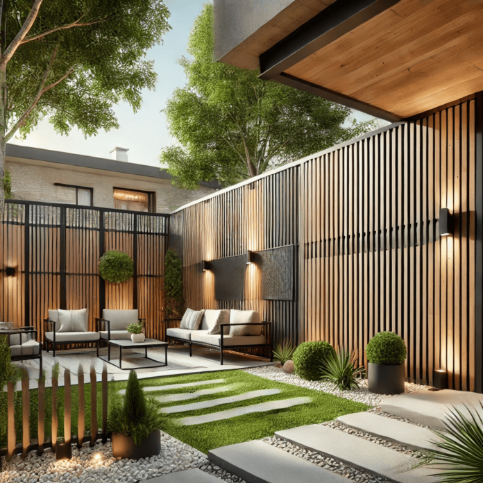 A contemporary backyard with a modern fence featuring horizontal wood panels and black metal, complemented by outdoor seating, greenery, and decorative lighting.