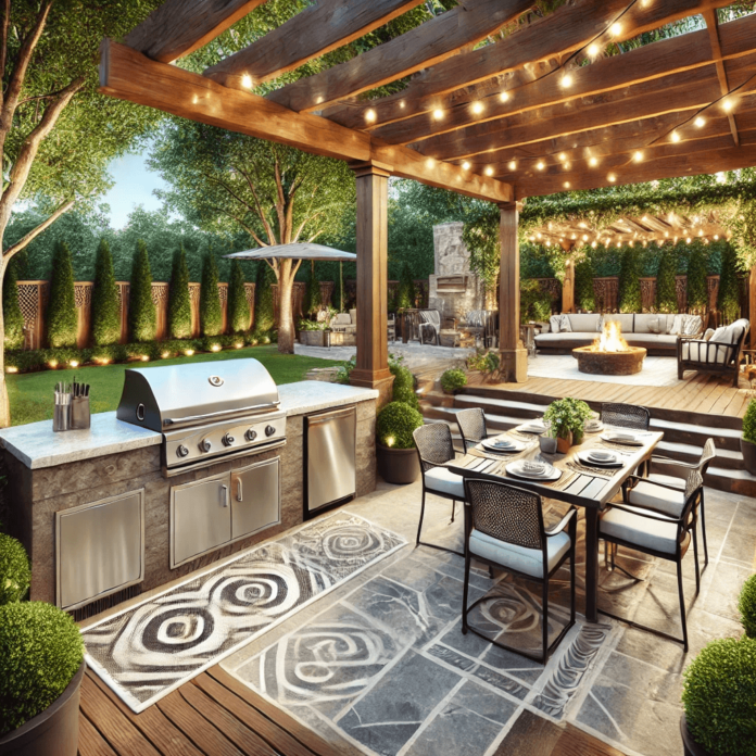 A modern outdoor kitchen featuring a sleek stainless steel grill, marble countertops, a pergola with hanging lights, and a cozy fire pit in a lush backyard setting.