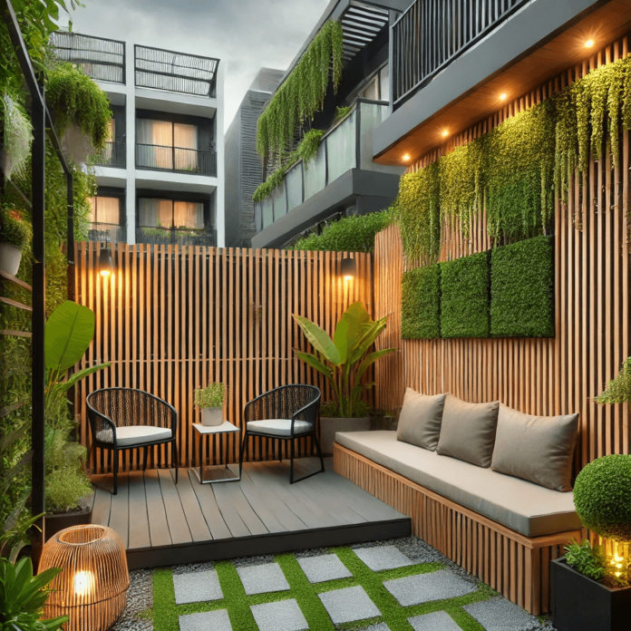 A compact urban backyard featuring a sleek, modern space-saving fence made of wood and metal, with potted plants and climbing greenery, creating a cozy outdoor space