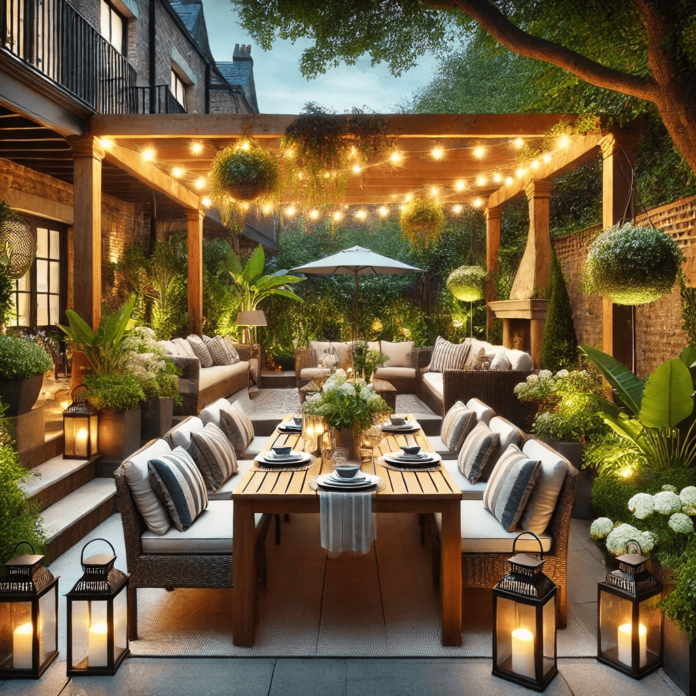 A beautifully designed outdoor entertaining garden featuring a large wooden dining table, string lights over a pergola, a built-in fire pit, and lush greenery.