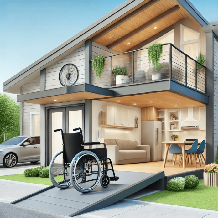 A modern, wheelchair-accessible home featuring a ramp at the entrance, extra-wide doorways, an open floor plan, and an accessible kitchen with lowered countertops and pull-out shelves.