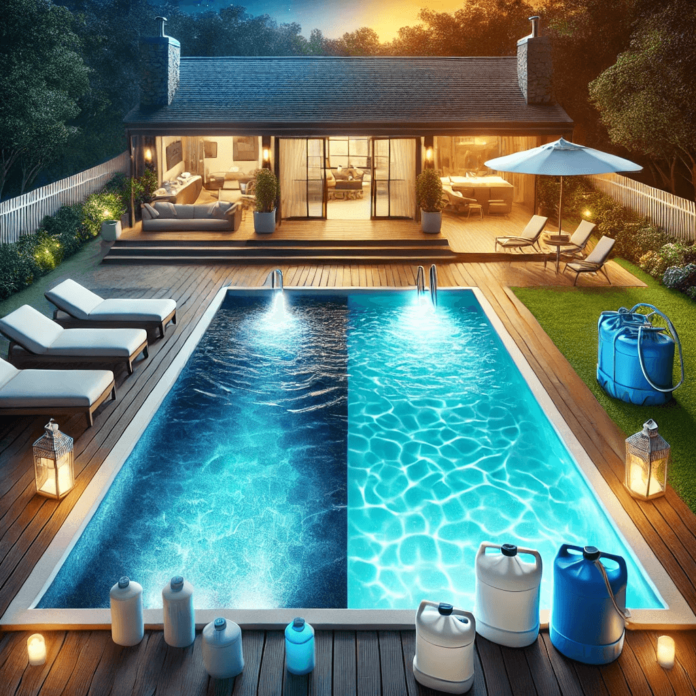 A backyard with two side-by-side swimming pools—one saltwater pool with a sleek modern design and gentle water, and one chlorine pool with bright blue water and chemical treatment supplies.