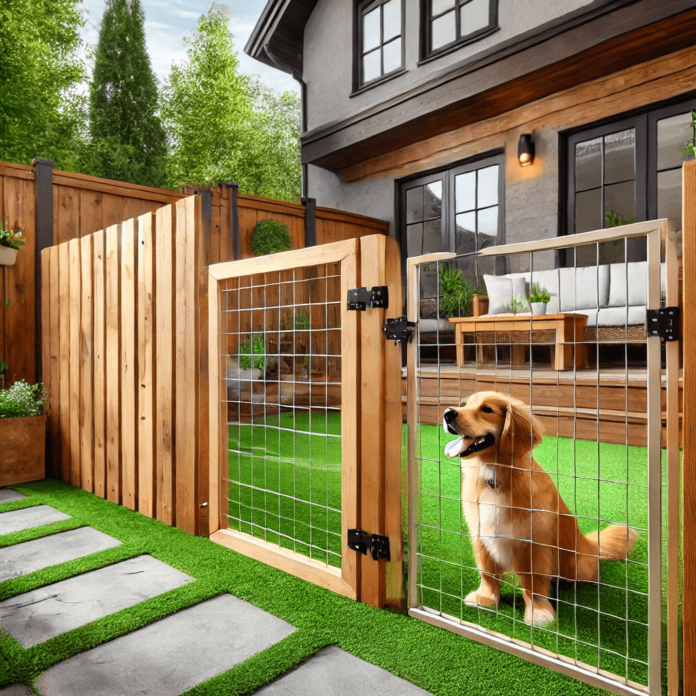 A backyard featuring a secure pet-friendly fence made of wooden panels and wire mesh, with a sturdy gate and latch, ensuring safety for dogs playing on green grass.