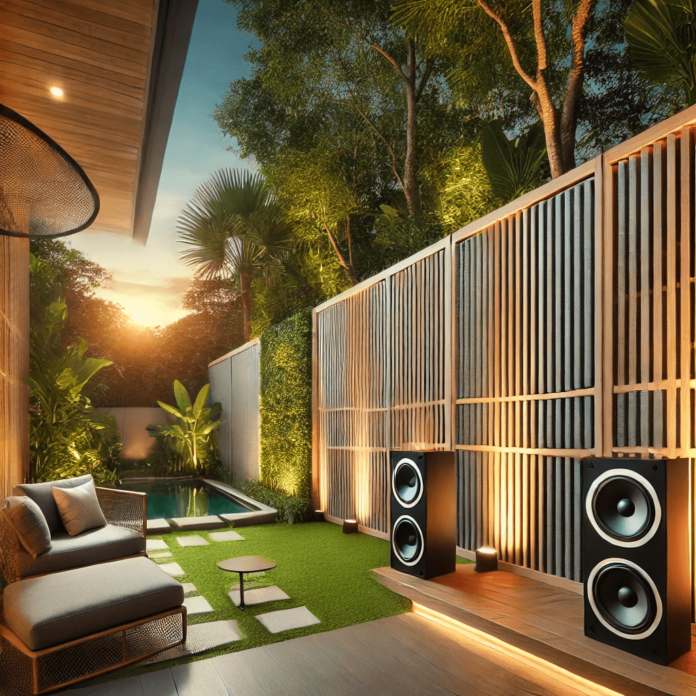 A serene backyard with a tall soundproof fence made of composite and wood, designed to block outside noise, surrounded by greenery and cozy outdoor seating.