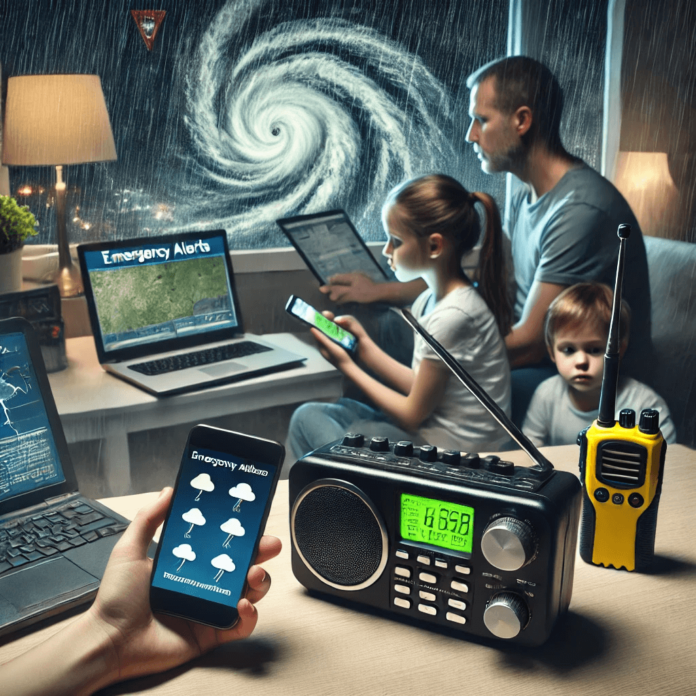 A person using emergency communication tools during a disaster, including a battery- atwo-way radio, and a laptop showing a weather tracking system.