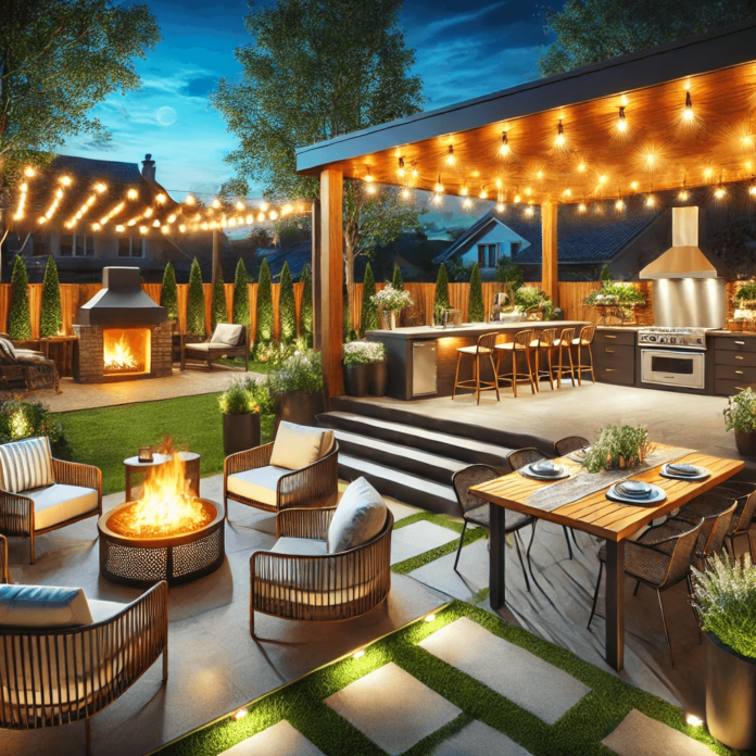 A beautifully designed backyard entertainment space featuring a modern outdoor kitchen with a built-in grill, surrounded by lush landscaping.