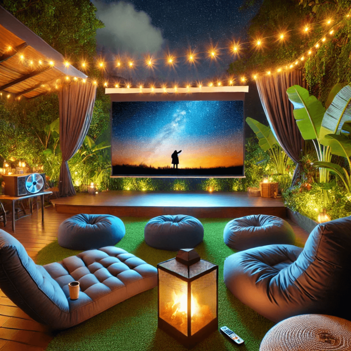 A beautiful backyard outdoor movie setup featuring a large projector screen, cozy seating with bean bags and lounge chairs, string lights, and a fire pit under a starry night sky.